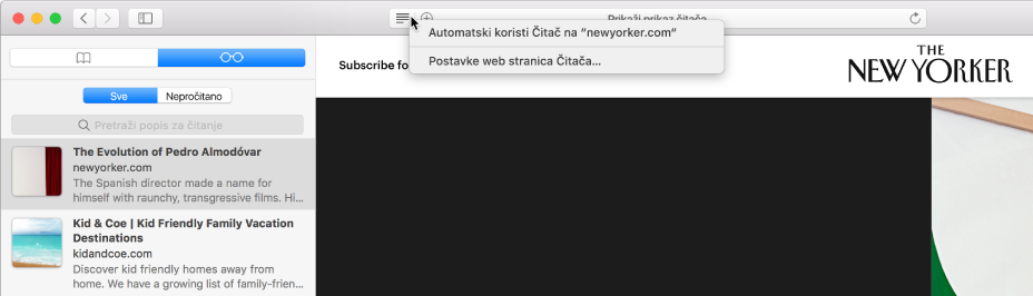 Prozor preglednika Safari s prikazanim Popisom za čitanje.
