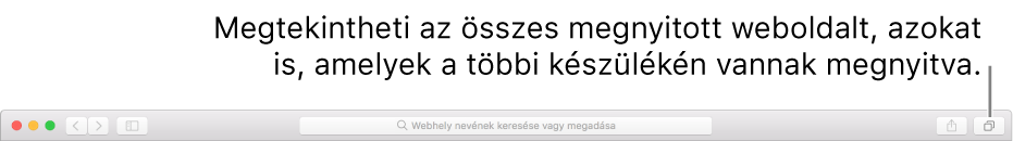 Az Összes lap nézet az összes nyitott weboldallal, köztük a más eszközökön megnyitott weboldalakkal is.