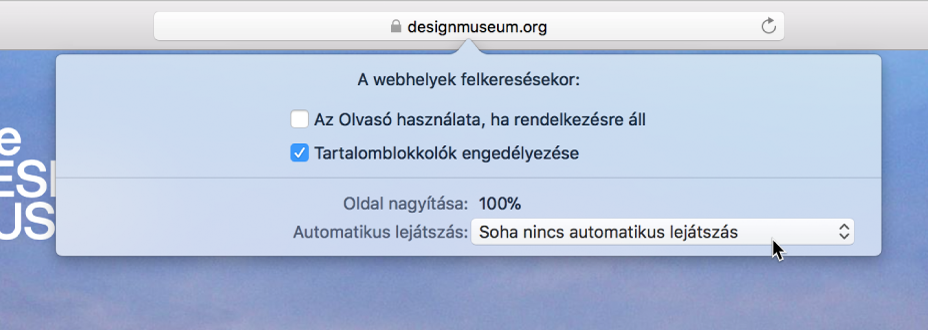 Az intelligens keresési mező menüje, az aktuális webhelyhez tartozó beállításokkal.