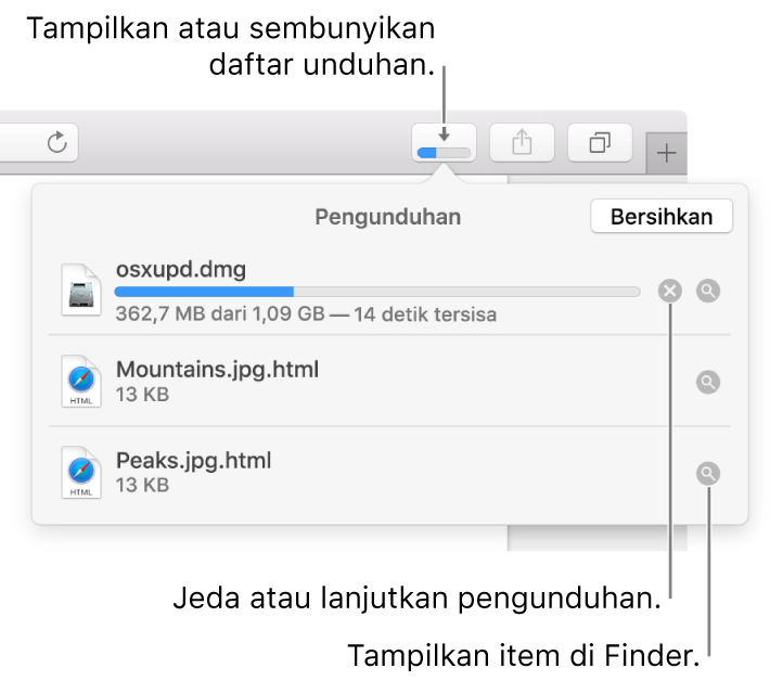 Tombol Pengunduhan di bar alat, dengan daftar pengunduhan di bawahnya.