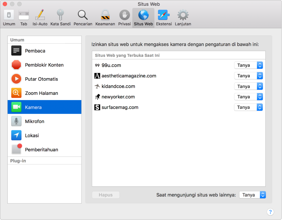 Preferensi Situs Web, tempat Anda dapat menyesuaikan cara Anda menelusuri masing-masing situs web menggunakan Safari.