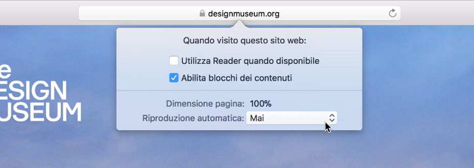 Un menu del campo di ricerca smart che mostra le impostazioni per il sito web attuale.