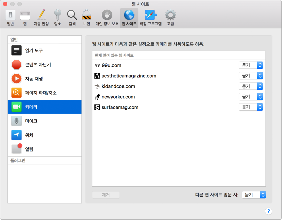 Safari를 사용하여 개별 웹 사이트를 탐색하는 방식을 사용자화할 수 있는 웹 사이트 환경설정.