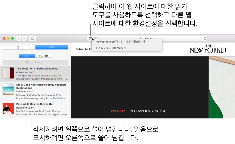읽기 목록이 표시된 Safari 윈도우.