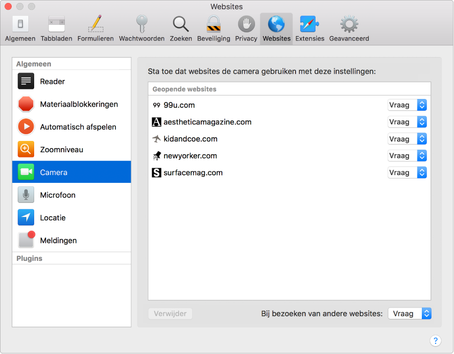 Het paneel 'Websites' in het voorkeurenvenster van Safari, waar je per website kunt instellen hoe je daarmee wilt werken.