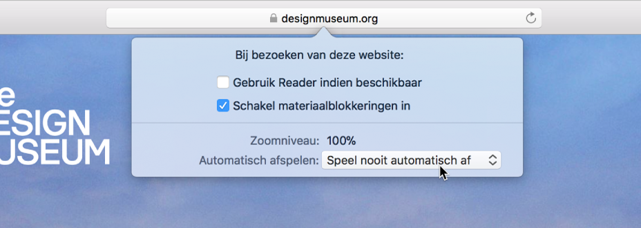 Een menu uit het slimme zoekveld met instellingen voor de huidige website.