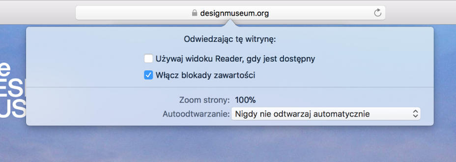 Menu wyświetlane przy inteligentnym polu wyszukiwania, zawierające ustawienia dotyczące bieżącej witryny.