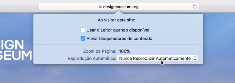 Um menu do campo Busca Inteligente que mostra as configurações para site atual.
