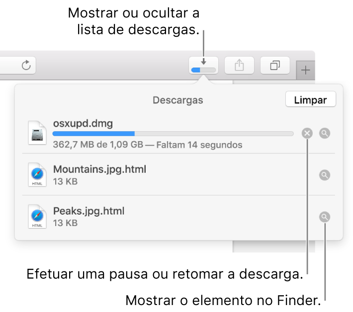 O botão Descargas na barra de ferramentas com a lista de descargas por baixo.