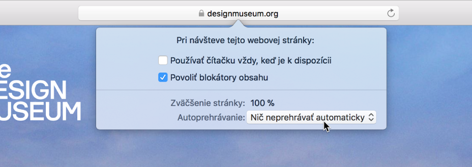Menu z poľa dynamického vyhľadávania zobrazujúce nastavenia pre aktuálnu webovú stránku.