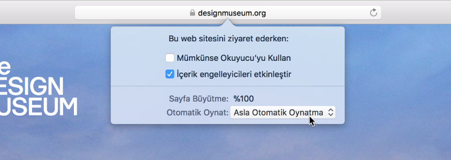Akıllı Arama alanından, şu anki web sitesinin ayarlarını gösteren bir menü.
