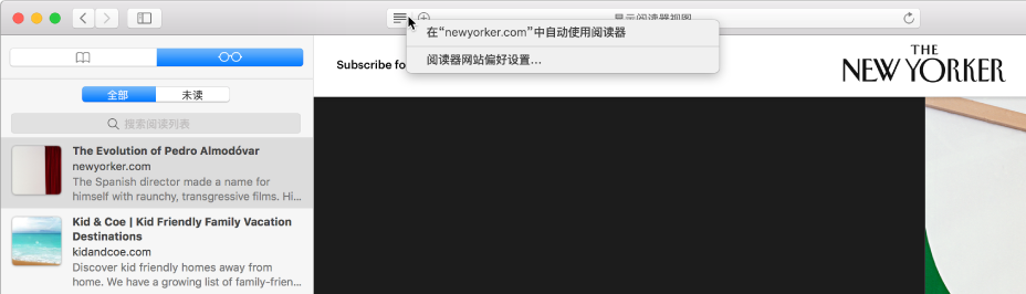 显示“阅读列表”的 Safari 浏览器窗口。