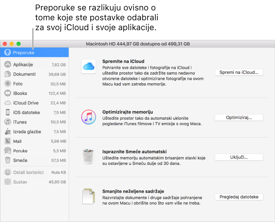 Preporuke optimizacije memorije u prozoru Memorija.