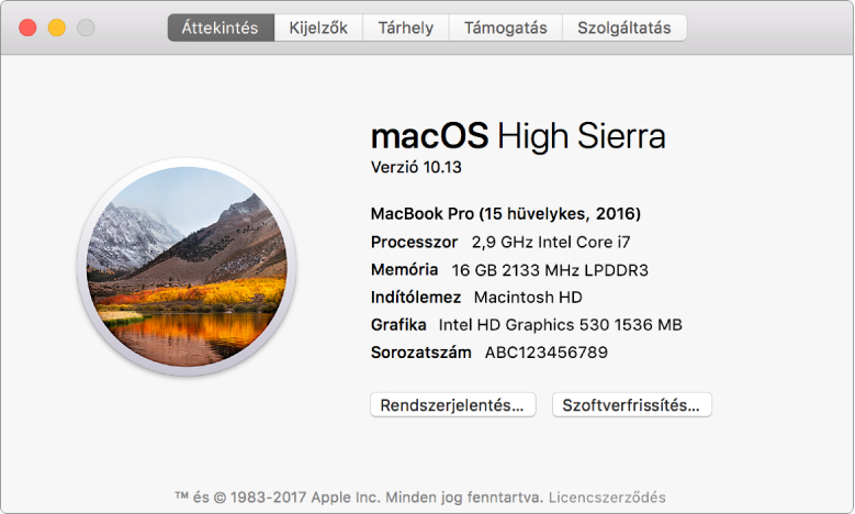 A Rendszerinformációk Áttekintés panelén megtalálja a Mac gép szoftverével és hardverével kapcsolatos alapvető információkat, illetve a Mac gép sorozatszámát.