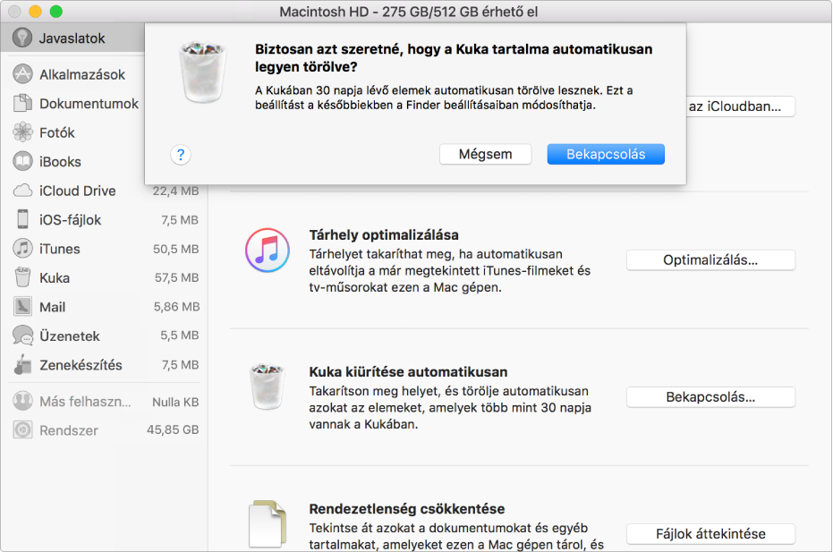 A „Biztosan azt szeretné, hogy a Kuka tartalma automatikusan legyen törölve” párbeszédpanel a Tárhelyre vonatkozó javaslatok ablakban.