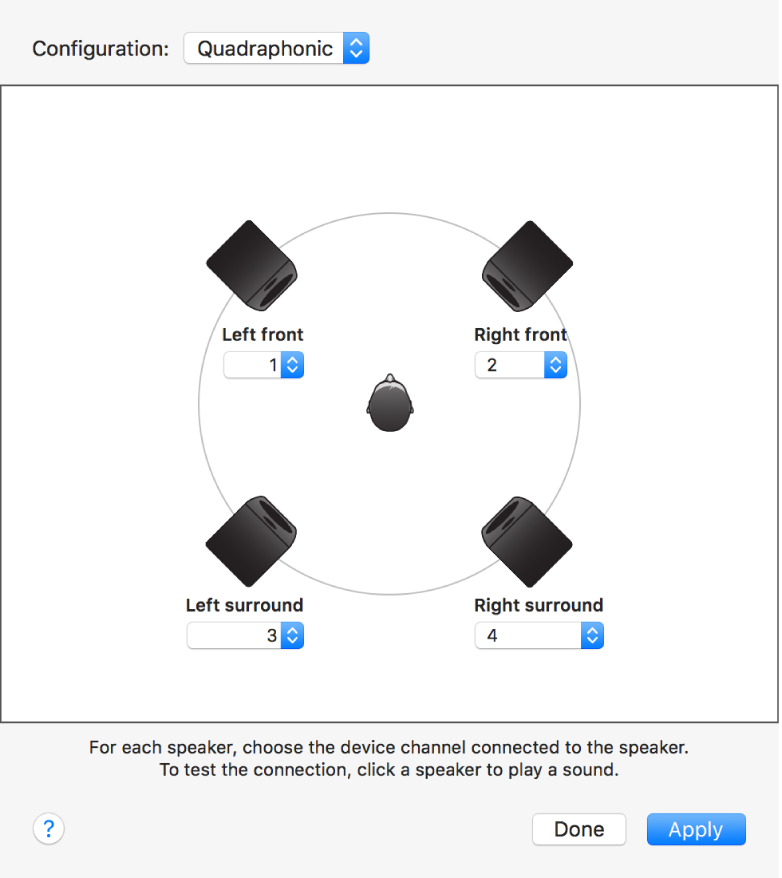 The configure speakers dialog showing a quadraphonic speaker configuration.