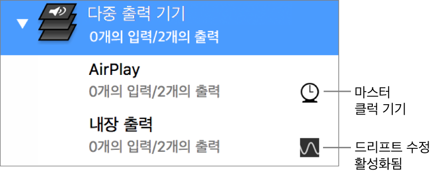 다중 출력 기기 생성에 사용된 통합된 출력 기기 두 개의 목록.