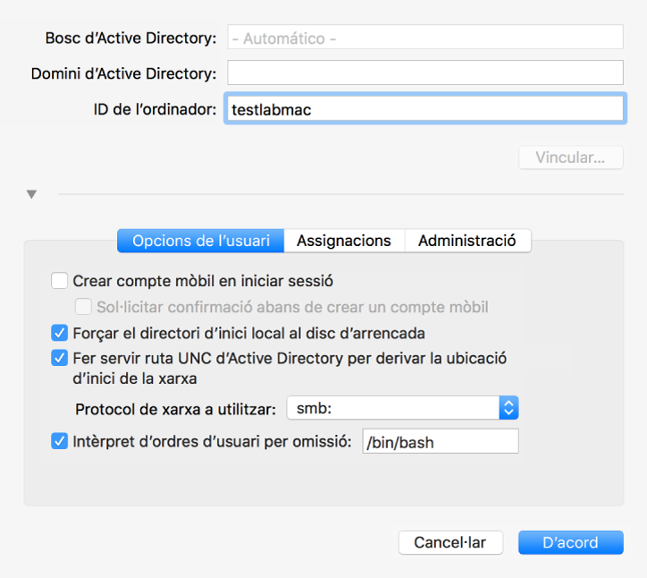 El quadre de diàleg de configuració d‘Active Directory, amb la secció d‘opcions ampliada.