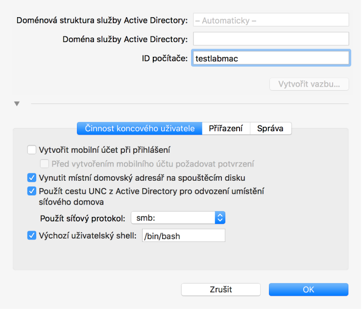 Dialogové okno konfigurace Active Directory s rozbaleným oddílem nastavení