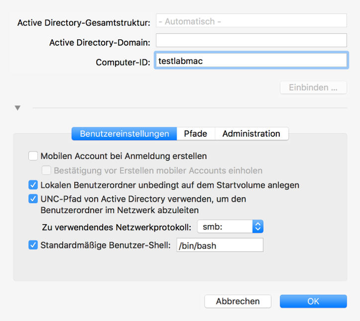 Das Konfigurationsfenster für Active Directory mit erweitertem Bereich für Optionen