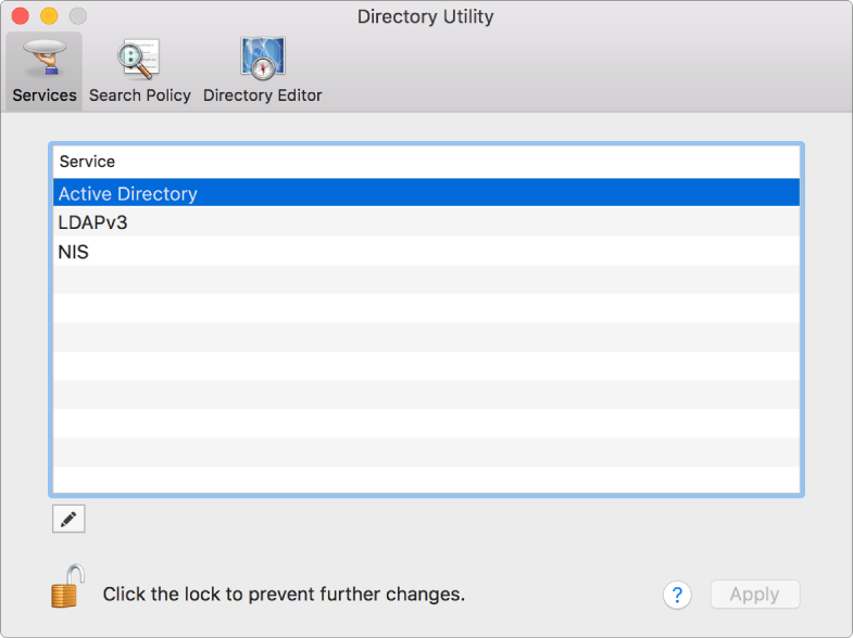 The Directory Utility window showing the Services pane.