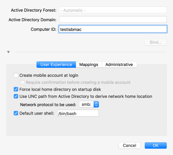 The Active Directory configuration dialog with the options section expanded.