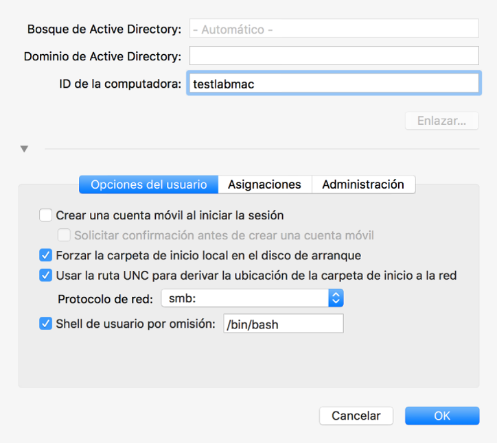 El cuadro de diálogo de configuración de Active Directory con la sección de opciones ampliada.