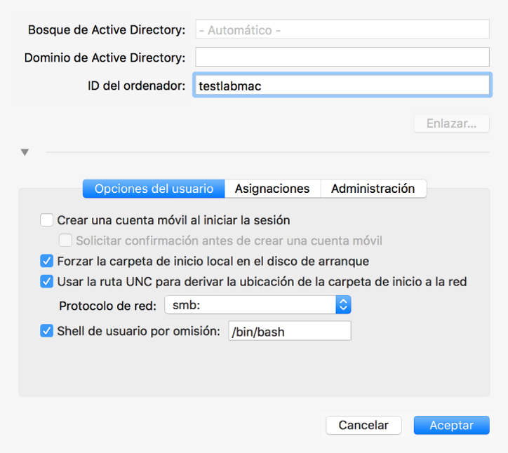 El cuadro de diálogo de configuración de Active Directory con la sección de opciones expandida.