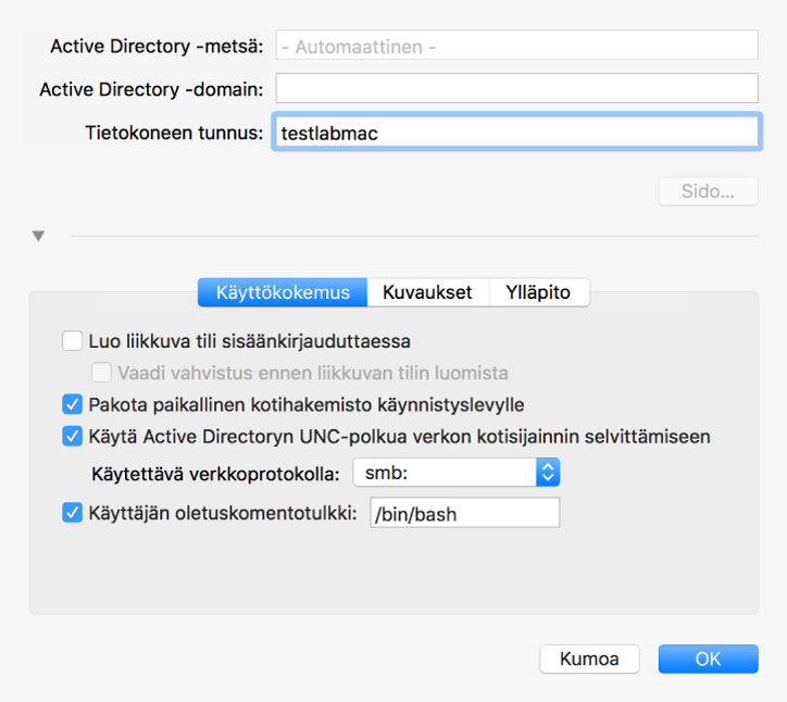 Active Directoryn määritysvalintaikkuna, jossa on valintaosio laajennettuna.