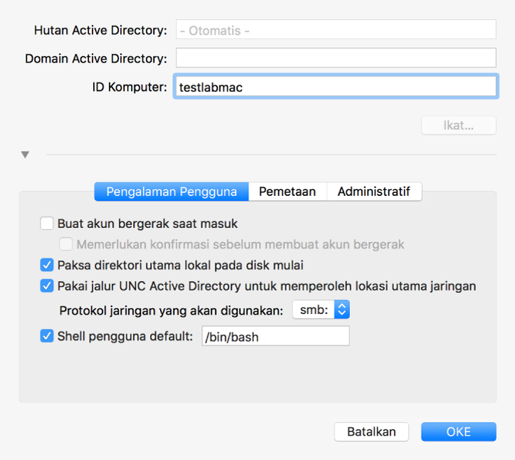 Dialog konfigurasi Active Directory dengan bagian pilihan diperluas.