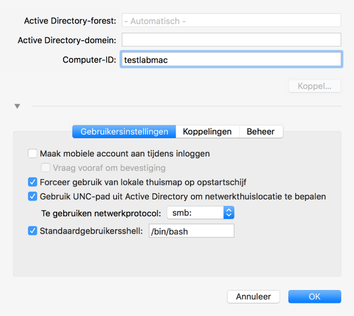 Het Active Directory-configuratievenster met uitgevouwen opties.