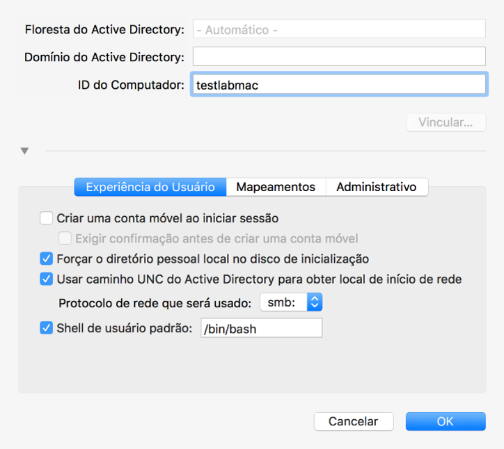 Diálogo de configuração do Active Directory com a seção de opções expandida.