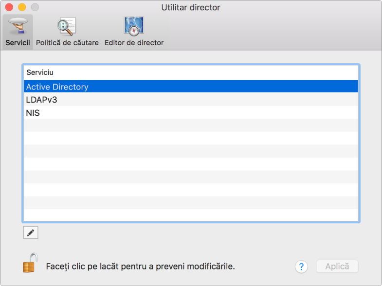 Fereastră Utilitar director afișând panoul Servicii.