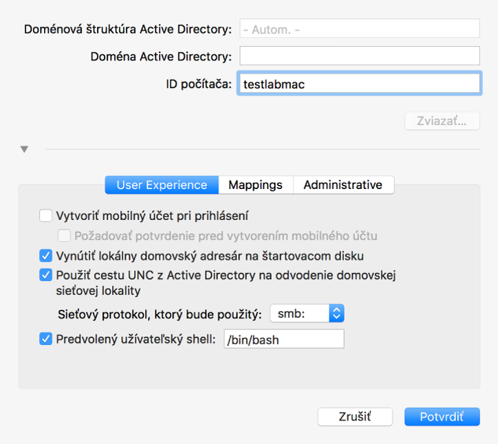 Dialógové okno konfigurácie Active Directory s rozbalenou sekciou s možnosťami.