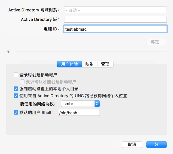 选项部分已展开的 Active Directory 配置对话框。