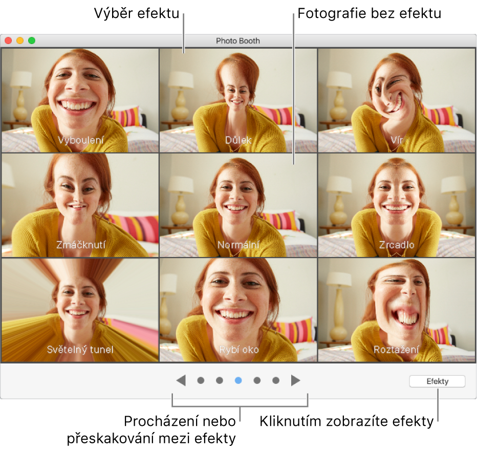 Okno aplikace Photo Booth s efekty, které si můžete vybrat. Klikněte na efekt, který chcete použít. Nechcete-li použít žádný efekt, klikněte na Normální