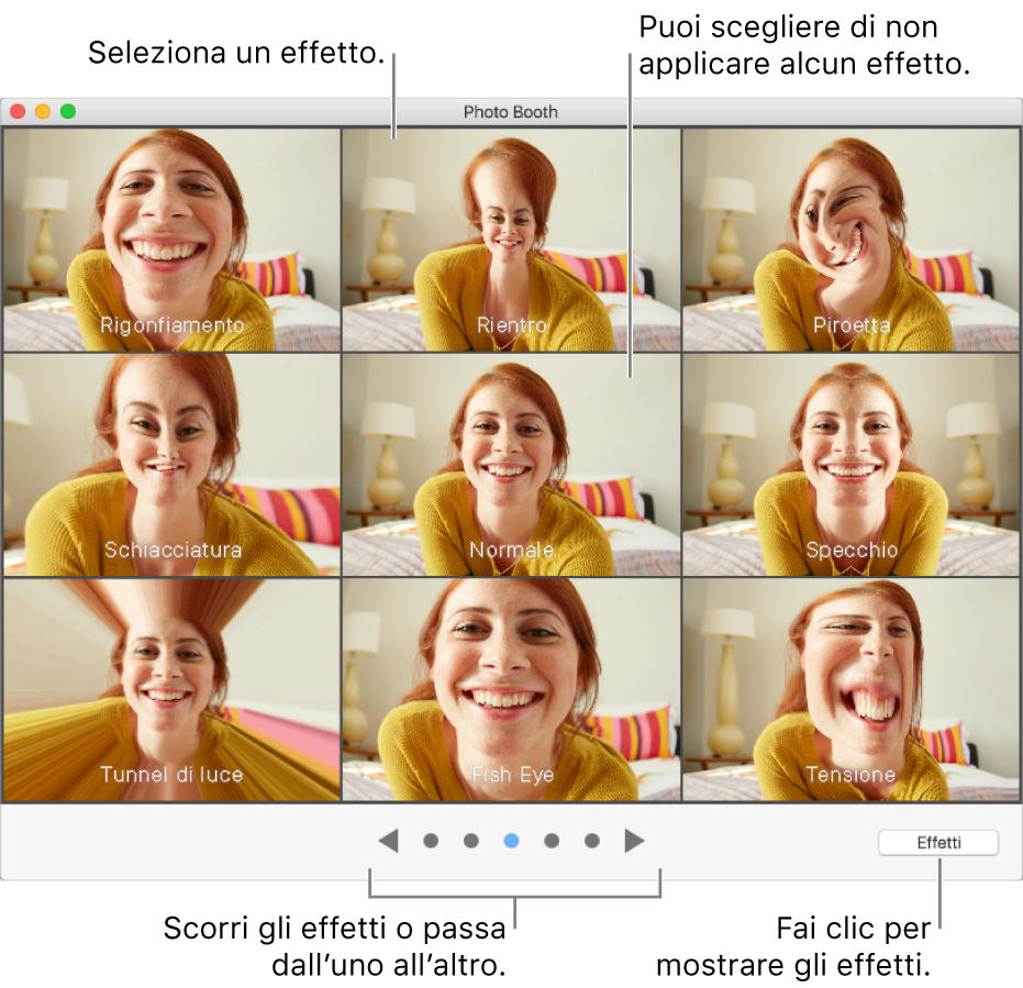 La finestra di Photo Booth con una serie di effetti che puoi scegliere. Fai clic sull'effetto che desideri utilizzare. Se non desideri utilizzare un effetto, fai clic su Normale.