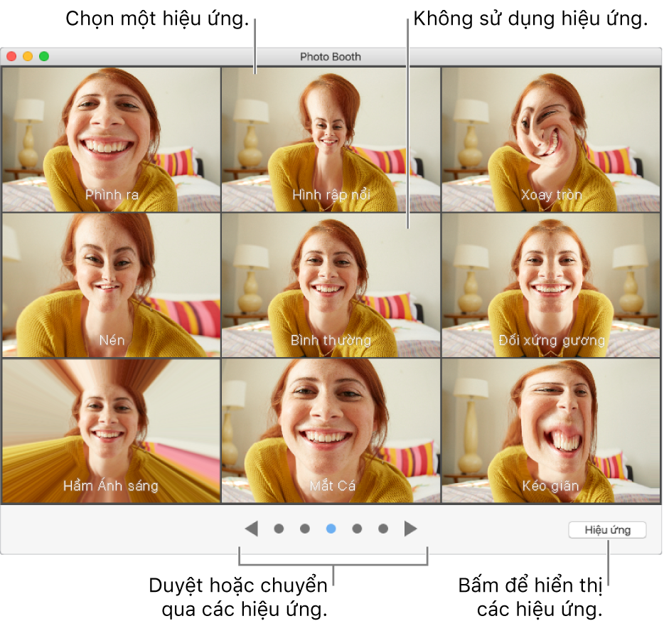 Cửa sổ Photo Booth đang hiển thị các hiệu ứng bạn có thể chọn. Bấm vào hiệu ứng bạn muốn sử dụng. Nếu bạn không muốn sử dụng hiệu ứng, bấm Bình thường.