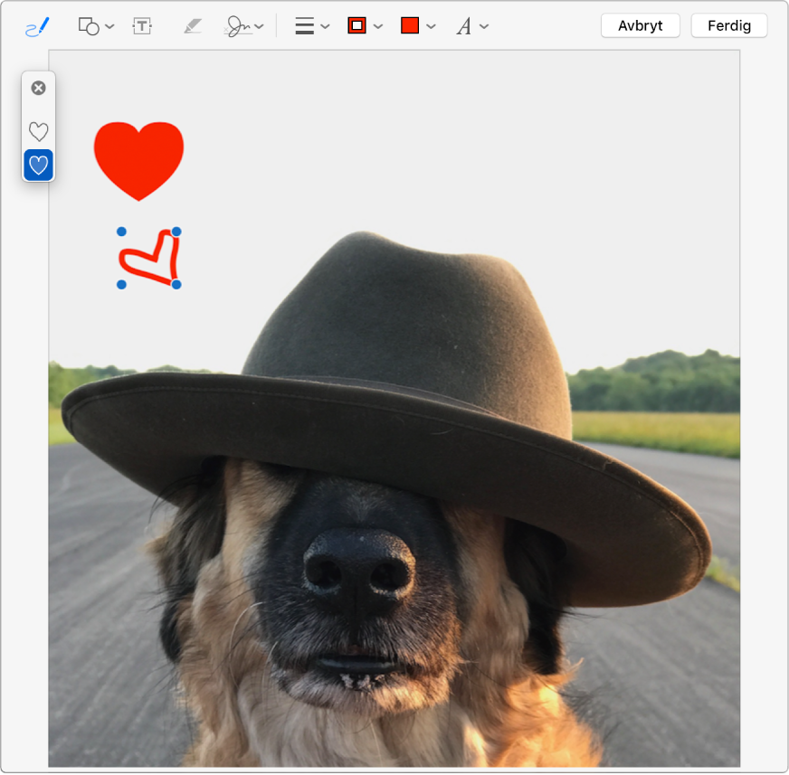 Et bilde med et hjerte tegnet på det ved hjelp av Merking-verktøyene.