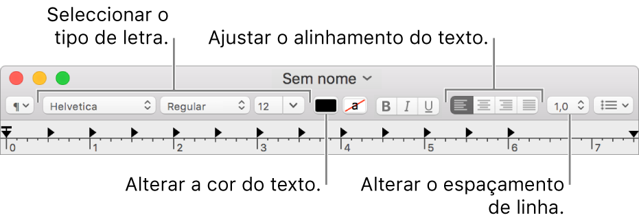 A barra de ferramentas do Editor de Texto de um documento de texto formatado, a mostrar o tipo de letra e os controlos de alinhamento e espaçamento de texto.
