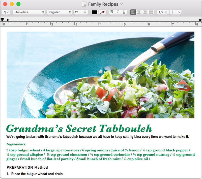 Um ficheiro RTF aberto na janela do Editor de Texto, com o texto do título de cor verde e tamanho maior e o corpo do texto verde e preto com um tamanho mais pequeno.