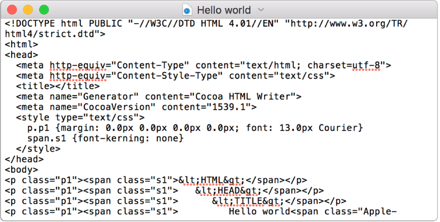 Un fișier HTML în modul de editare de cod.