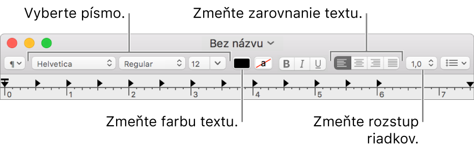 Panel s nástrojmi aplikácie TextEdit pre dokument s formátovaným textom zobrazujúci ovládanie písma, zarovnania textu a rozstupu.