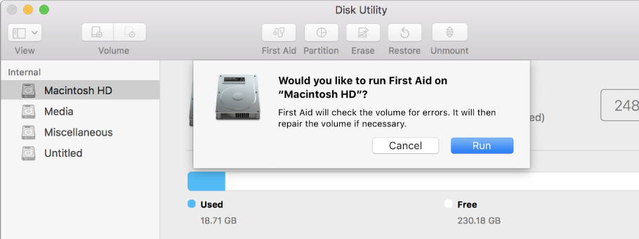 The First Aid dialog in the Disk Utility toolbar.
