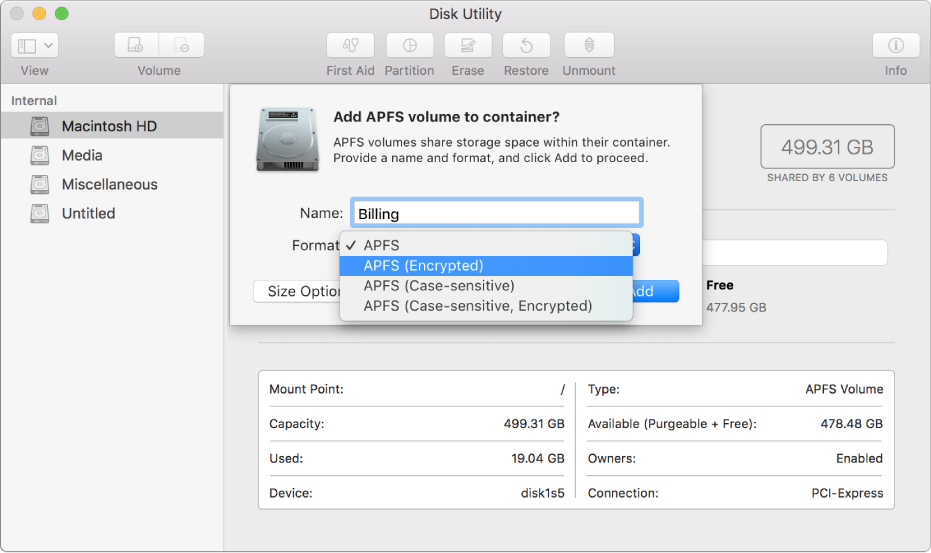 The APFS (Encrypted) option in the Format menu.