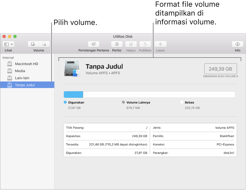 Jendela Utilitas Disk menampilkan volume Mac OS Diperluas.