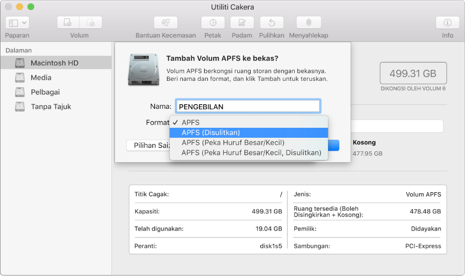 Pilihan APFS (Disulitkan) dalam menu Format.