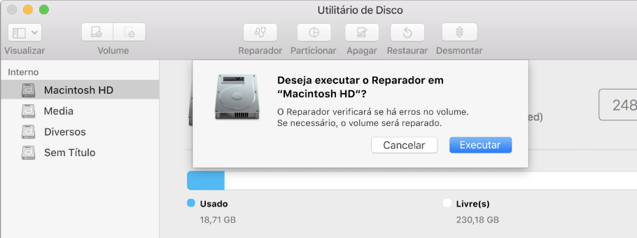O diálogo Reparador na barra de ferramentas do Utilitário de Disco.