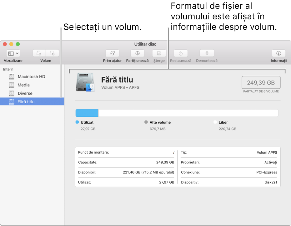 Fereastra Utilitar disc afișează un volum Mac OS Extended.