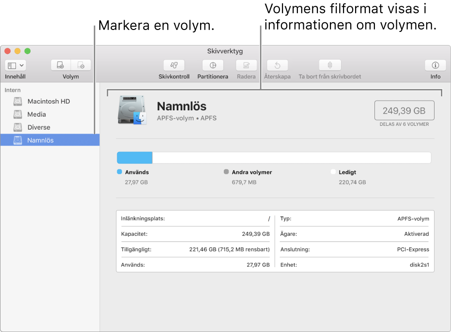 Fönstret Skivverktyg som visar en Mac OS Extended-volym.